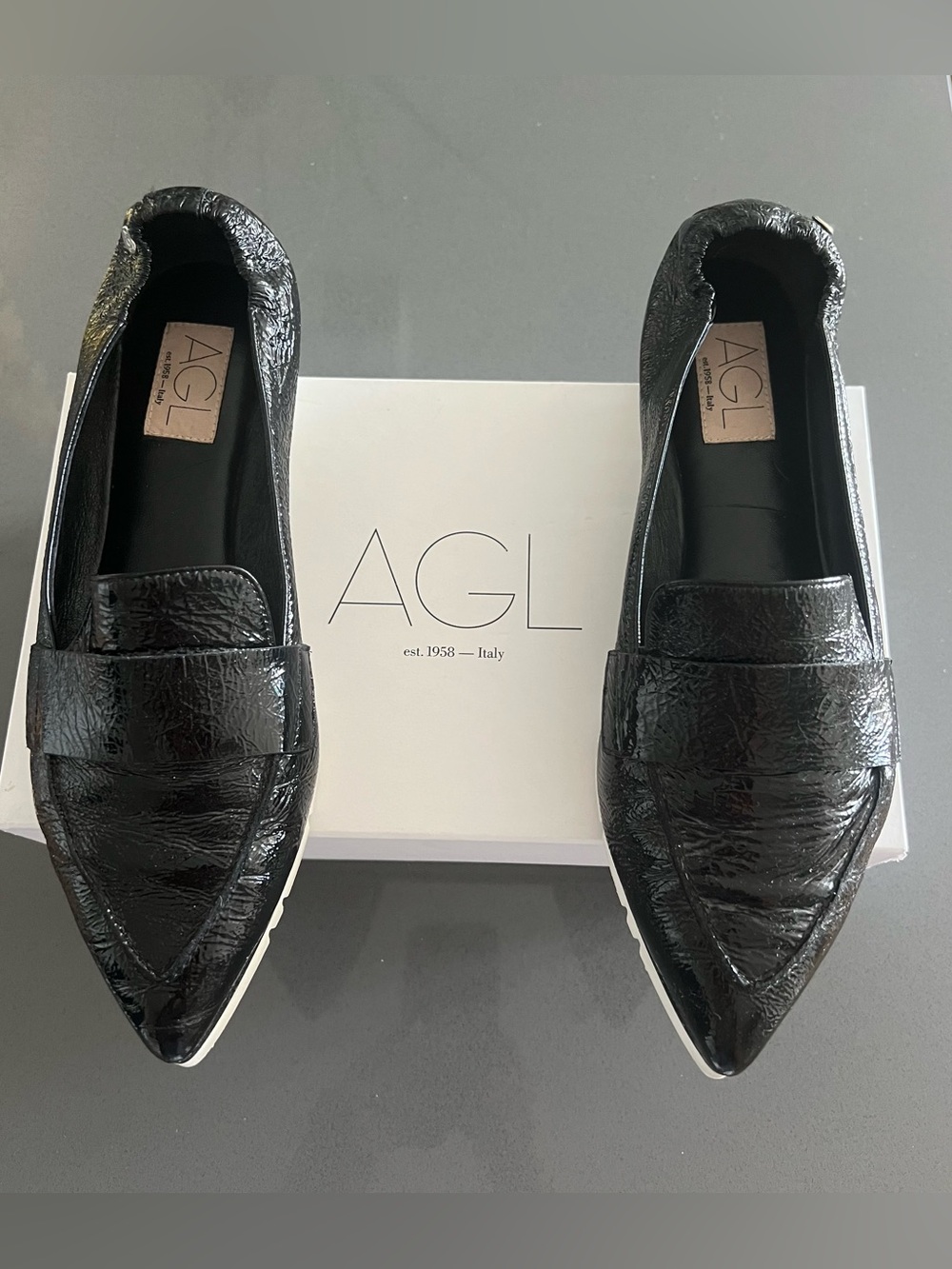 AGL MICRO Black Patent Leather Pointed Toe Loafers Black Size 40.5 EU, 10.5 US